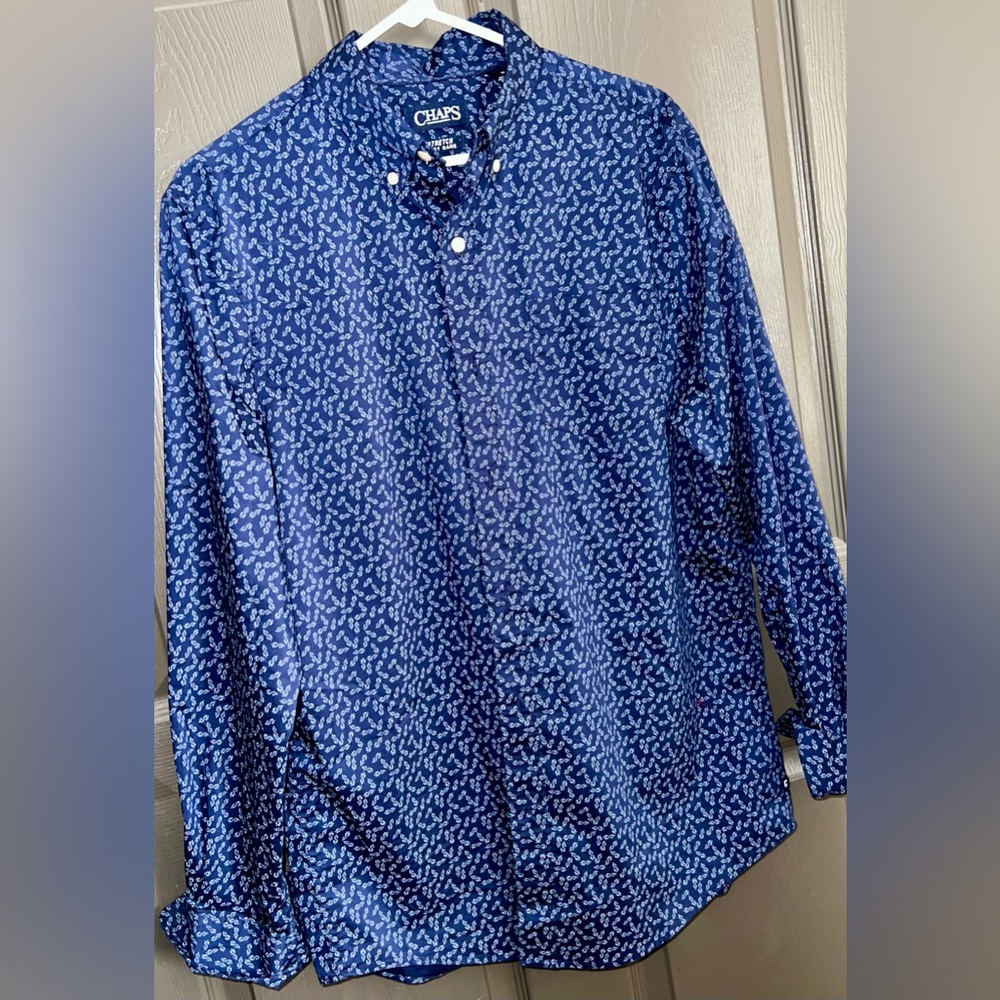 Chaps Floral Print Button-Up Stretchy Shirt, Blue, Size M, NWOT